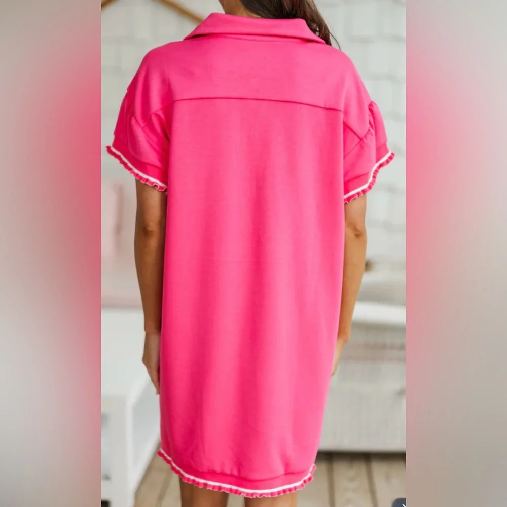 Pink & White Knit Dress | Mint Julep | Sporty | Pockets & Ruffles | L | NWT - Picture 8 of 12